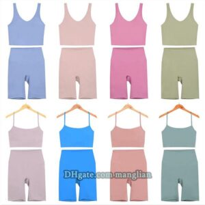 Women Yoga 2 Piece Suspender bra set Vest Straps + Shorts Designer Yoga Set Sports Camisole shorts set Slim Fit Pilates Running and Everyday Fitness Home wear