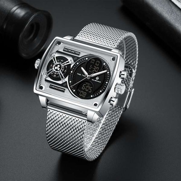 GOLDENHOUR Men's Multi functional Large Dial Personalized Trendy Versatile Square Case Watch