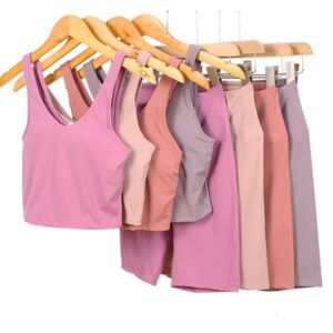 Women Yoga Two Piece Set Sports Bra with Suspender Straps and Matching Shorts Slim Fit Activewear Outfit Designer Fitness Jacket Set for Yoga Pilates and Workout