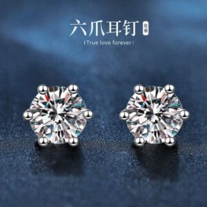 Designer's popular moissanite earrings with a stylish and elegant classic six-claw design for women. The ear jewelry is made of 925 sterling silver with gold plating.