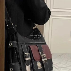 Korean version of European and American retro vintage bag street style personalized new belt soft leather Y2K spicy girl cool motorcycle crossbody bag