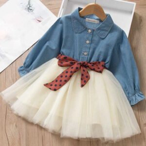 Girl's Dresses 2024 Spring and Autumn Korean version girls' dress, children's fashion long sleeved denim yarn skirt, polka dot belt