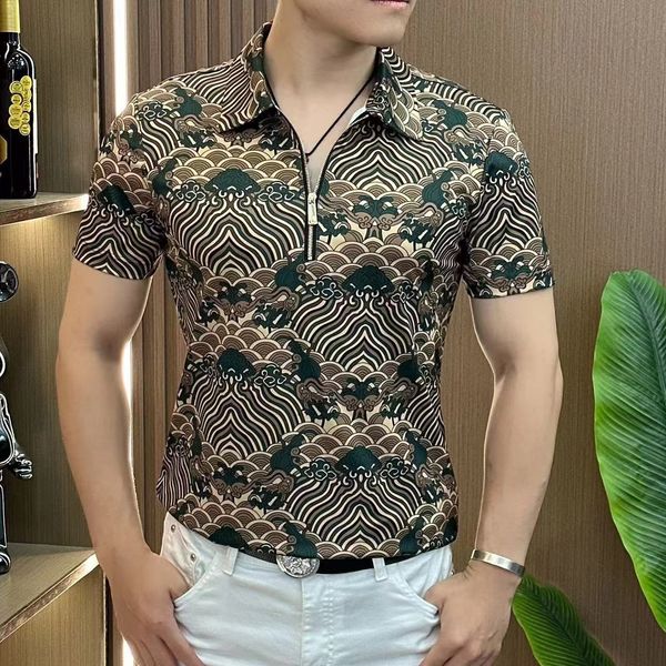 Chinese Style Retro Polo Shirt for Men Summer Short Sleeve Slim Fit Lapel T-shirts Fashion Zipper Casual Business Polo Shirts