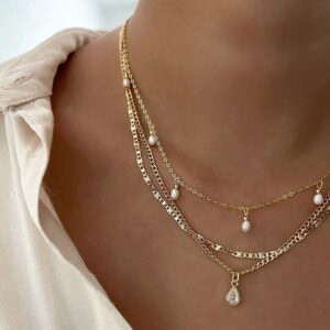 Trendy Multi-Layered Necklace with Faux Pearl and Water Drop Pendant, Fashionable Gold Choker for Women