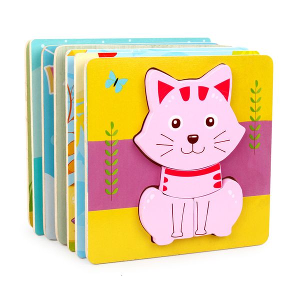 3D Puzzle Cartoon Animals Wooden Block Learning Cognition Intelligence Game Colorful Baby Toys 10 Pcs Wholesale