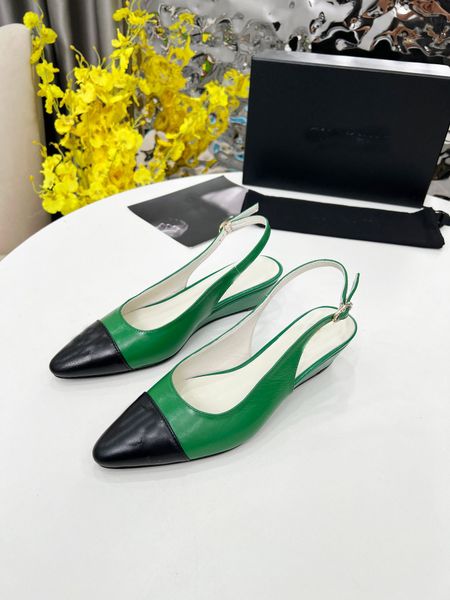 Brand Name Womens Drilled buckle color-blocked sheepskin pointed-toe lace-up wedge heel backless sandals Sizes 35-41