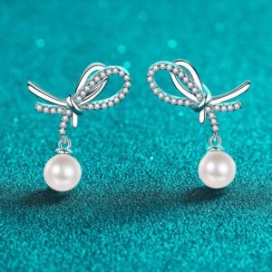 S925 Sterling Silver Moissanite Pearl Stud Earrings, Bow Design Sweet Chic Earrings, Minimalist High-End Jewelry