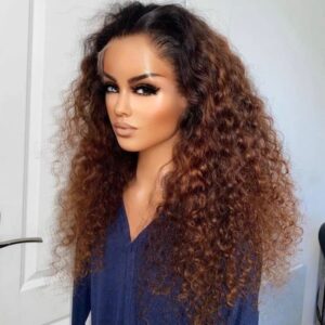 250% Density Ombre Brown Color Kinky Curly 13×4 Transparent Lace Frontal Human Hair Wigs Glueless Indian Remy Synthetic Closure Wig for Black Women