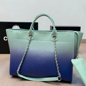 Ladies Luxury Mint Green and Blue Multicolored Beach Bag Large Capacity Shopping Tote with Top Handle Embossed Letter Pattern Silver Chain Makeup Handbag 37x29cm