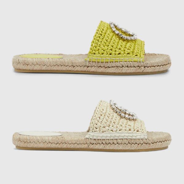 New Women Interlocking-G Espadrille Sandals Flats Platform Rubber Bottom Slippers Summer Beach Slides With Crystal EU35-42