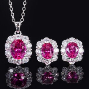 S925 Silver Faux Magenta Egg Fashion Pendant Earring Set, 810mm Pendant, 68mm Earrings, Perfect for Weddings and Special Occasions, Ideal for Women