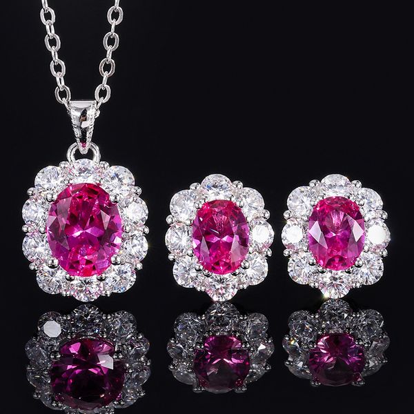 S925 Silver Faux Magenta Egg Fashion Pendant Earring Set, 810mm Pendant, 68mm Earrings, Perfect for Weddings and Special Occasions, Ideal for Women