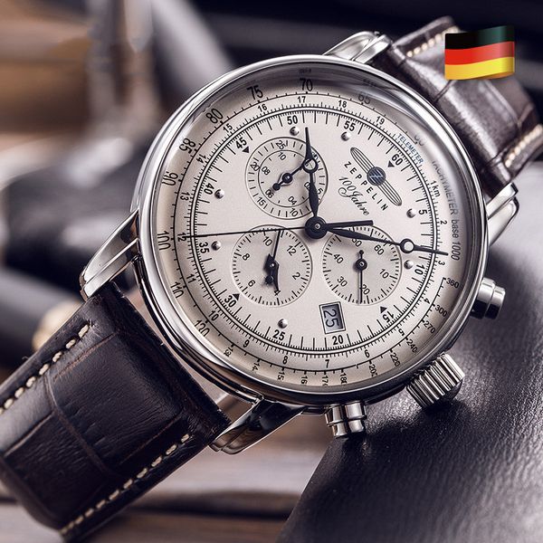 2022 New Zeppelin Watch Fashion Three Eye Multifunction Timecode Casual Leather Business Quartz Men's Watch Relojes hombre