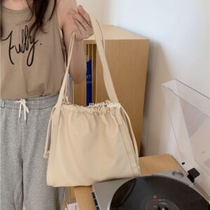 Fashionable Women's Designer Retro Practical Multi functional Summer Simple and Lightweight Versatile One Shoulder Drawstring Tote Bag with Large Capacity