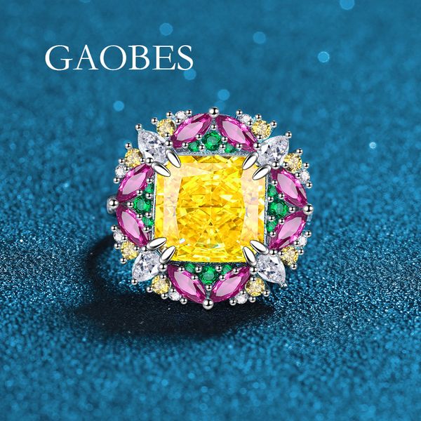 S925 Sterling Silver Yellow High Carbon Diamond Ring, Multicolored Gemstone Open Band Design for Women, Elegant Floral Wedding Ring