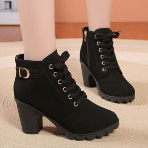 Shoes Designer Fashion Black Chunky Heeled Women's Ankle Boots 2023 Autumn Metal Decor High Heels Shoes Woman Lace Up Platform Booties Big Size