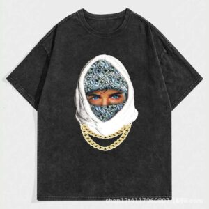 American Style Short T-Shirt for Men, Washed and Distressed Black, Trendy Brand, Loose Fit, Plus Size, Pure Cotton Half Sleeve