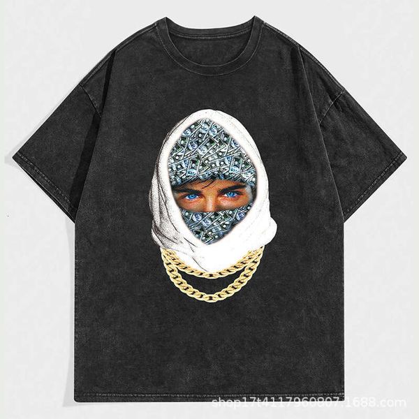 American Style Short T-Shirt for Men, Washed and Distressed Black, Trendy Brand, Loose Fit, Plus Size, Pure Cotton Half Sleeve