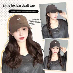 Women's Curly Wavy Wig Set – Heat Resistant Baseball Cap with Fox Ears for Summer Sun Protection