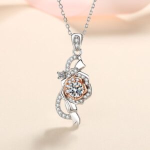 925 Sterling Silver Rose Pendant Necklace with Moissanite Stone, PT950 Gold Plated Elegant Split Color Design for Women Daily Wear