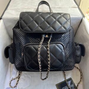 Ladies Medium Light Hollow Mesh Leather Patchwork Backpack Designer Bag Three Pockets Golden Hardware Woven Chain String Design Diamond Shoulder Tote 26x25cm