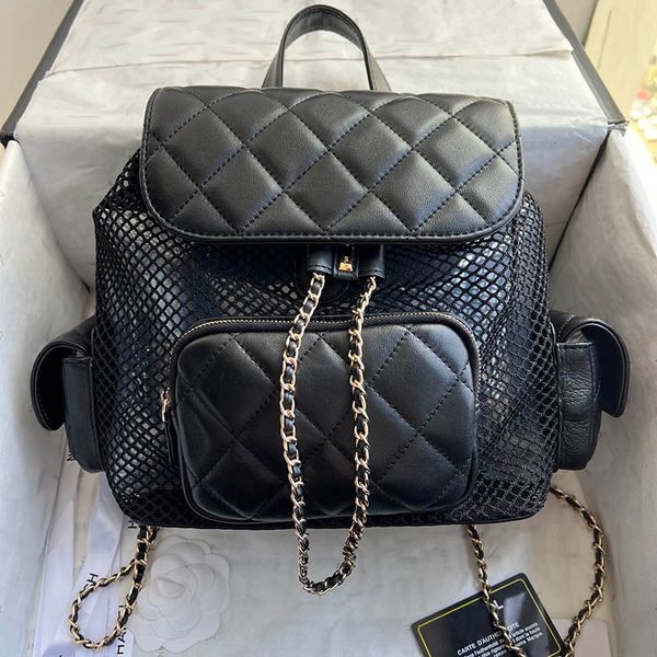 Ladies Medium Light Hollow Mesh Leather Patchwork Backpack Designer Bag Three Pockets Golden Hardware Woven Chain String Design Diamond Shoulder Tote 26x25cm