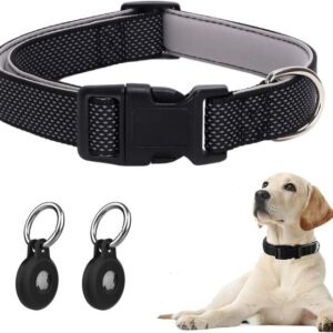 Reflective Dog Collar with Breathable Nylon Soft Neoprene Pad Collar, Suitable for Medium sized Dogs+2 AirTag Holders (Black, Medium)