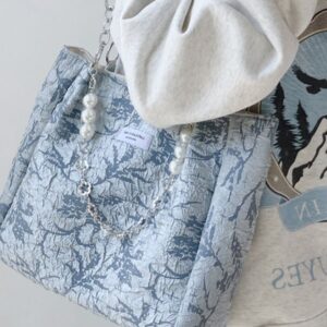 Street trend niche design soft leather sea salt blue jacquard canvas tote bag new western-style large capacity niche one shoulder bag for women