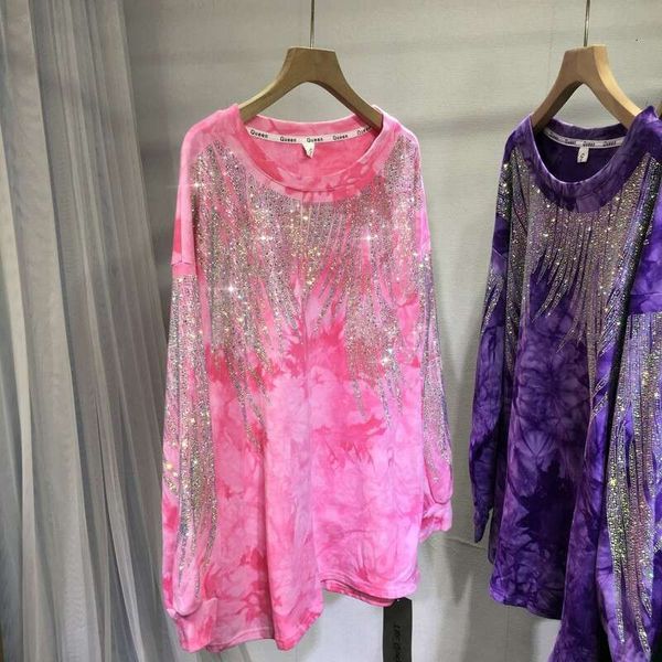 Plus Size 150kg Extra Large Early Autumn Heavy Embroidered Rhinestone Sweatshirt Women Gradient Tie-Dye Loose Mid-Length Long Sleeve sportwomenlongsleeve