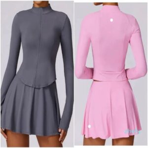 2024–Womens Sets Skirts Jackets Outfit Yoga Tennis Sport Running Long Sleeve Tops Skirt High Waist Sportwear Lined Elastic