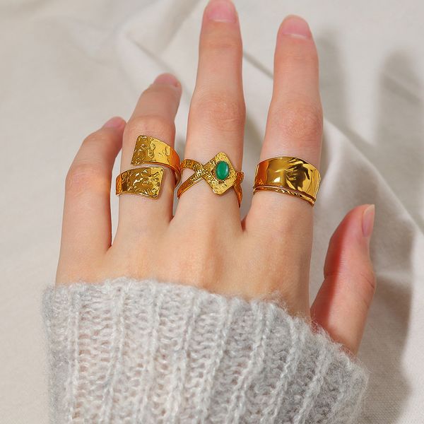 New 18K Gold Titanium Ring for Women, High-End INS Style, Hammered Texture with Natural Stone, Adjustable, Non-Fading