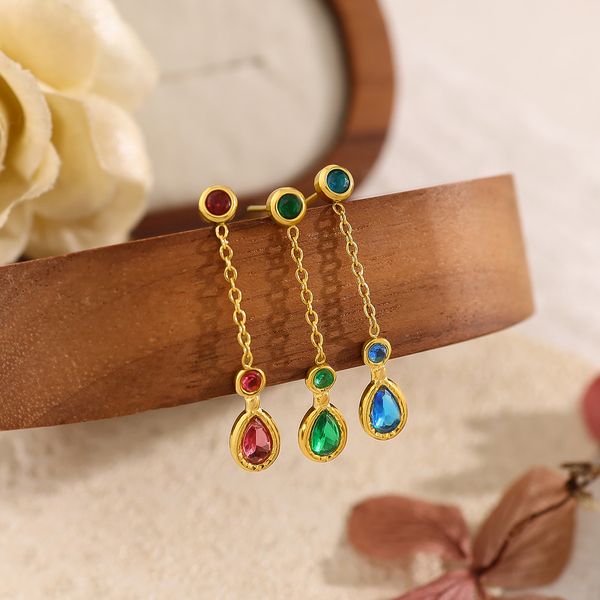 Light Luxury Titanium Steel Water Drop Earrings with Zircon Pendant, Long Dangle Earrings for Women, Simple and Elegant Style