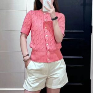 Women T-Shirt Designer Pony Cotton Knit Slim Fit Cardigan Style Tee with Buttons Casual Soft Short Sleeve Top