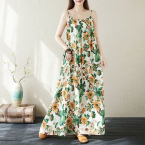 B424 suspender skirt long flower dress summer Bohemian seaside vacation travel beach skirt cotton linen large size long skirt