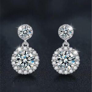 Moissanite Halo Drop Earrings for Women S925 Sterling Silver | Round Brilliant Studs with Dazzling Double Layer Design