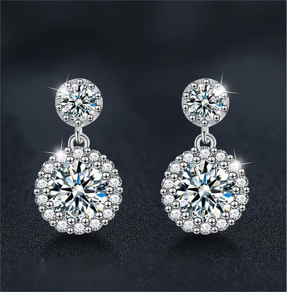 Moissanite Halo Drop Earrings for Women S925 Sterling Silver | Round Brilliant Studs with Dazzling Double Layer Design