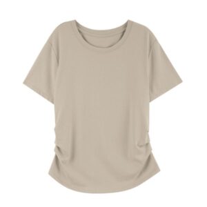 Plus size, summer new round neck elastic T-shirt with pleats on both sides, short and fat mm knitted sweater 3503