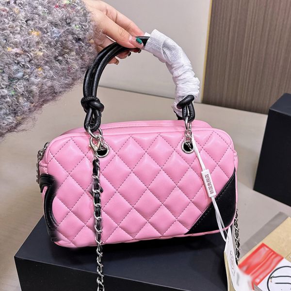 Vintage Bowling Bag Designer Women Shoulder Bag 20cm Leather Diamond Check Silver Hardware Metal Zipper Luxury Handbag Matelasse Chain Crossbody Bag Shopping Bags