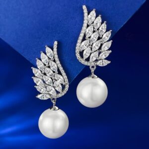 Elegant Sterling Silver Pearl Drop Earrings with Cubic Zirconia Leaf Design, Ideal for Weddings and Special Occasions