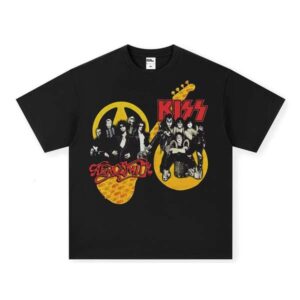 Kiss Rock Band Heavy American Street Washed 100% Cotton Short Sleeve Loose Knit T-Shirt Small Neck Digital