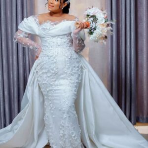 2024 Arabic Aso Ebi Plus Size Ivory Mermaid Wedding Dresses Floral Lace Full Sleeves Detachable Train Bridal Gowns Dress ZJ354