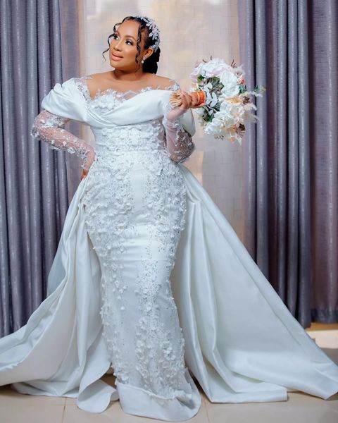 2024 Arabic Aso Ebi Plus Size Ivory Mermaid Wedding Dresses Floral Lace Full Sleeves Detachable Train Bridal Gowns Dress ZJ354