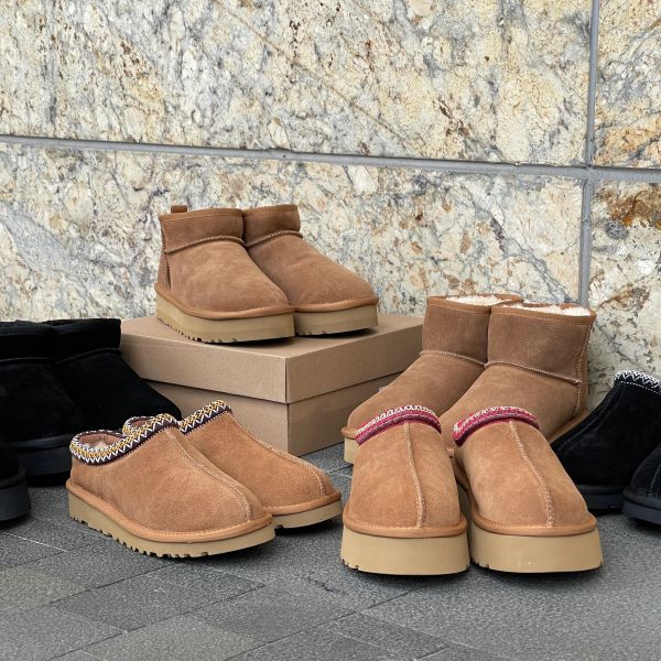 Slippers Tasman Slippers Tazz Chestnut Fur Slides Sheepskin Shearling Classic Ultra Mini Platform Boot Winter Mules Women Men Slip-on Shoes Suede Upper Wool Fall