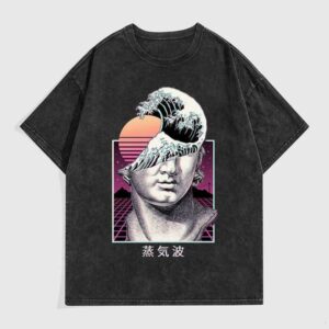 Men Cotton American Style Vaporwave Washed Vintage Short Sleeve Trendy Loose T-Shirt