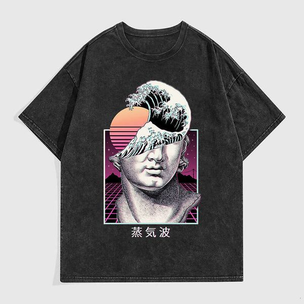 Men Cotton American Style Vaporwave Washed Vintage Short Sleeve Trendy Loose T-Shirt