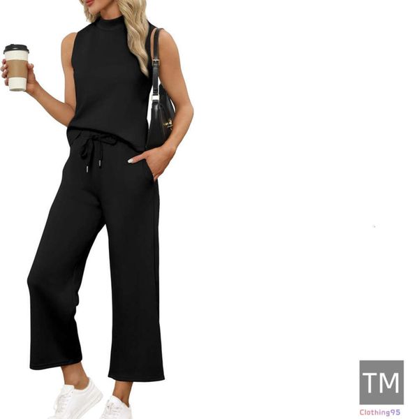 2025 Designer Women's Clothing Two Piece for Women Summer Lounge Sets Mock Neck Tops Wide Leg Crop Pants Vacation Travel Outfits Fast delivery