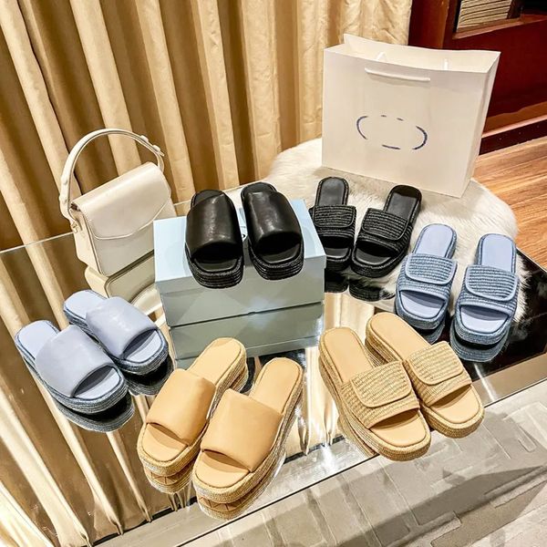 Designer Sandals weave slides Gold Buckle Slip on Black Brown Pool Slippers Crochet Slides Women's Casual Sandals Platform Wedges Straw Flatform Slipper 10140