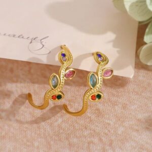 18K Gold Titanium Steel Earrings with Colorful Marquise Zirconia, Hollow Leaf Design, C-Shaped Stainless Steel Ear Studs for Women