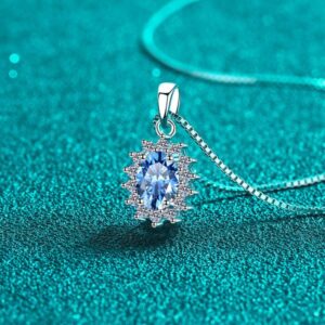 925 Sterling Silver Moissanite Necklace for Women Blue Oval Moissanite Pendant Lightweight Luxury Box Chain Design