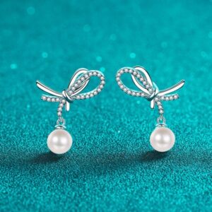S925 Sterling Silver Moissanite & Pearl Earrings with Butterfly Knot Design – Elegant and Timeless Jewelry for Women